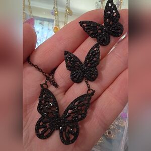 Black Butterfly Necklace And Earring Set